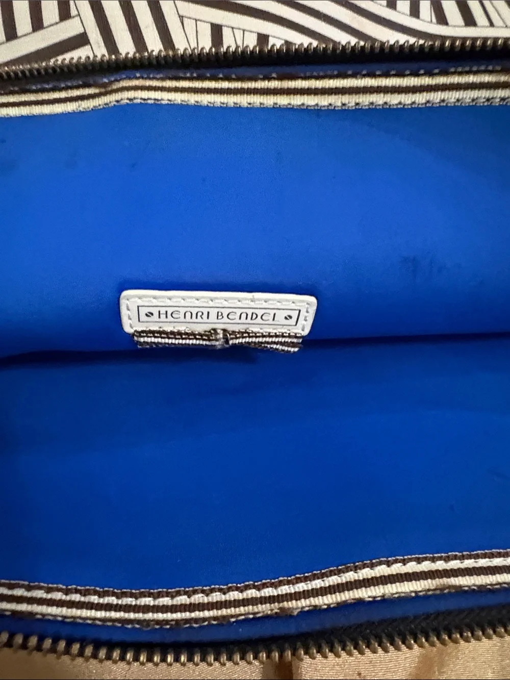Vintage Henri Bendel Black & White Striped Zip Pouch with Blue and Yellow Stripe